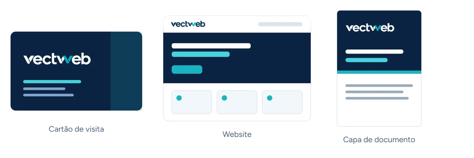 Exemplos ilustrativos com a marca Vectweb. São simulações, não projetos de clientes nem novas versões aprovadas da identidade.